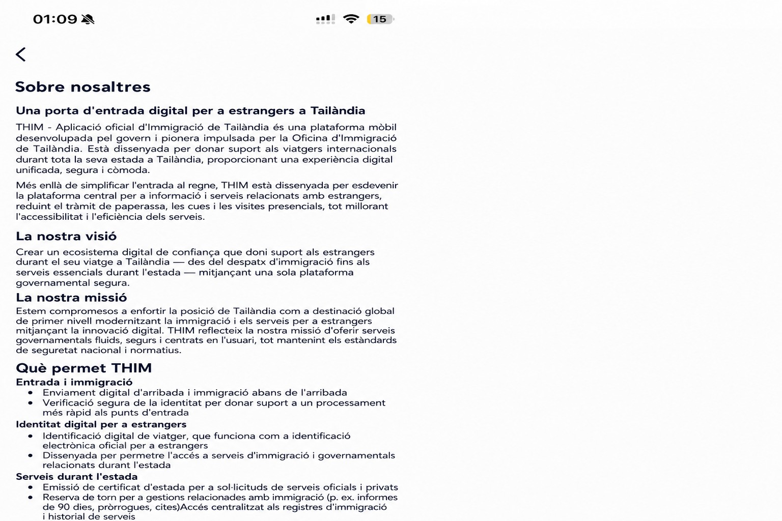 Pantalla d’informació del THIM sanejada que descriu l’aplicació oficial d’immigració tailandesa