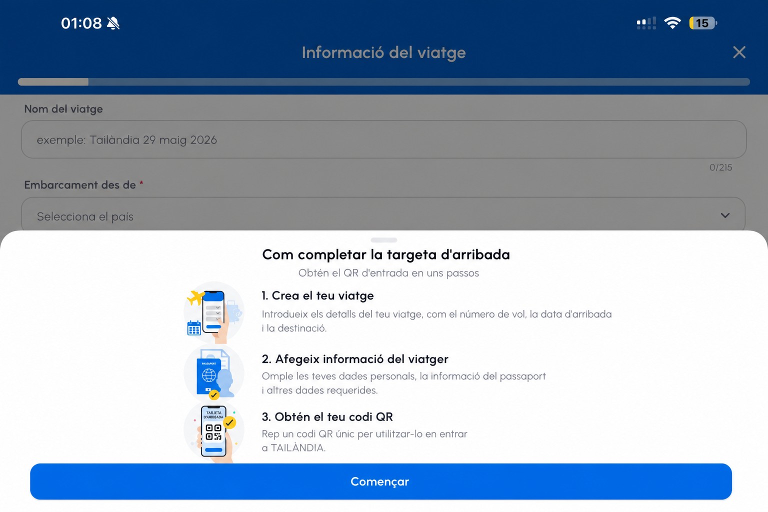 Pantalla d’instruccions de targeta d’arribada del THIM sanejada