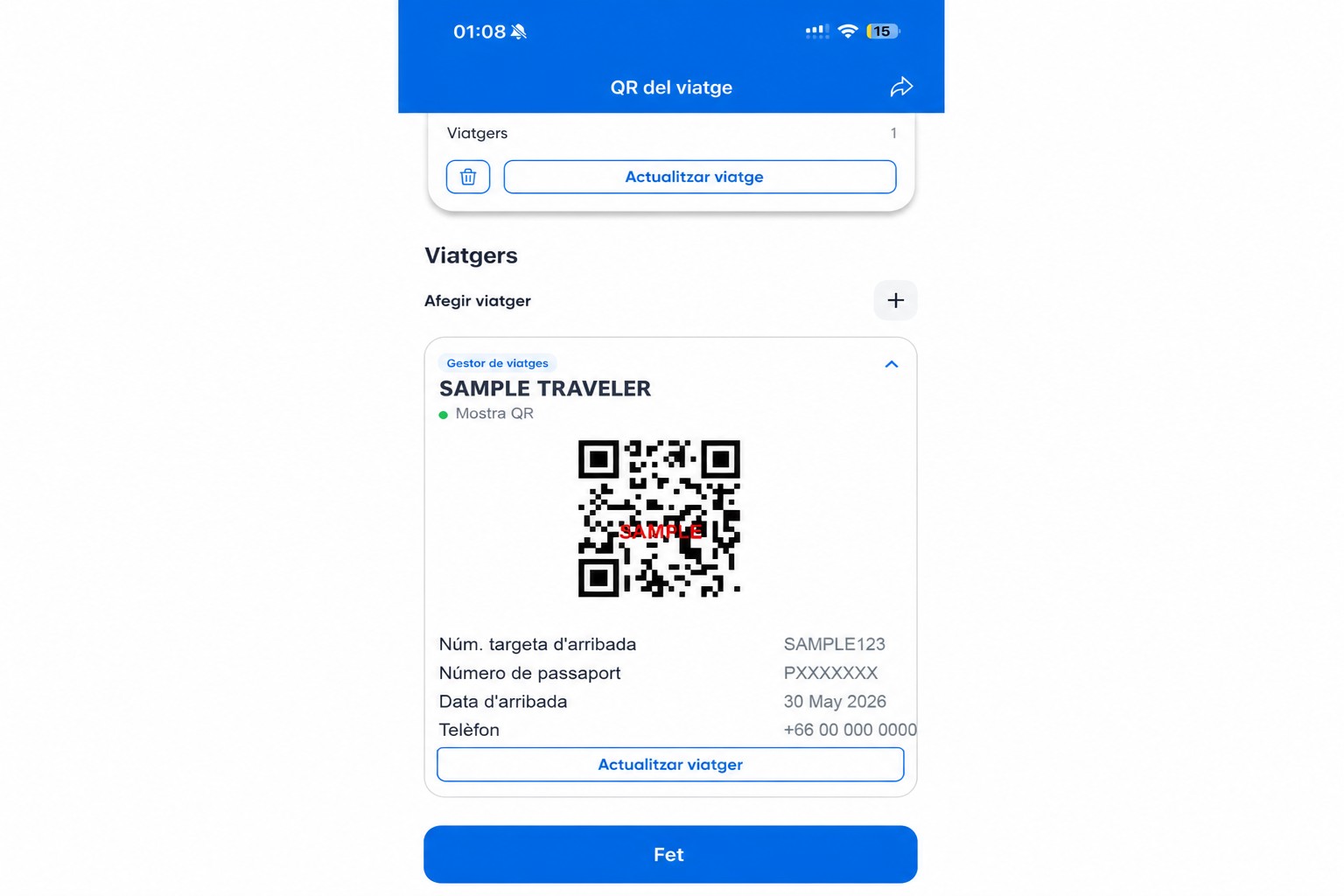 Pantalla de codi QR del THIM sanejada amb un codi QR d’exemple no funcional