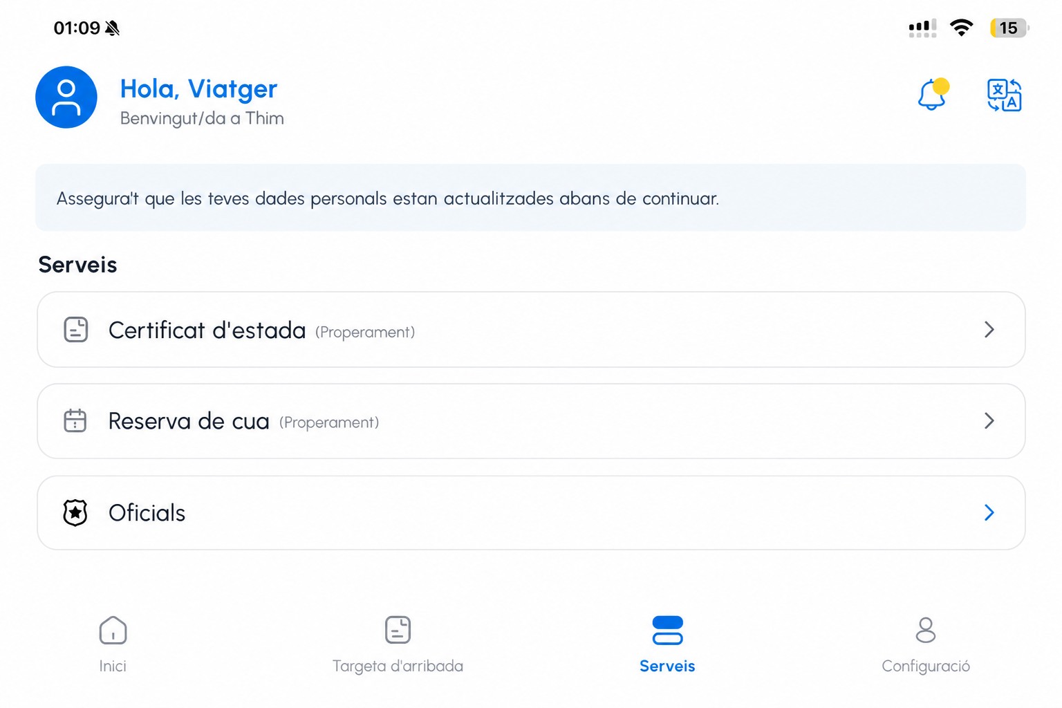 Pantalla de serveis del THIM sanejada
