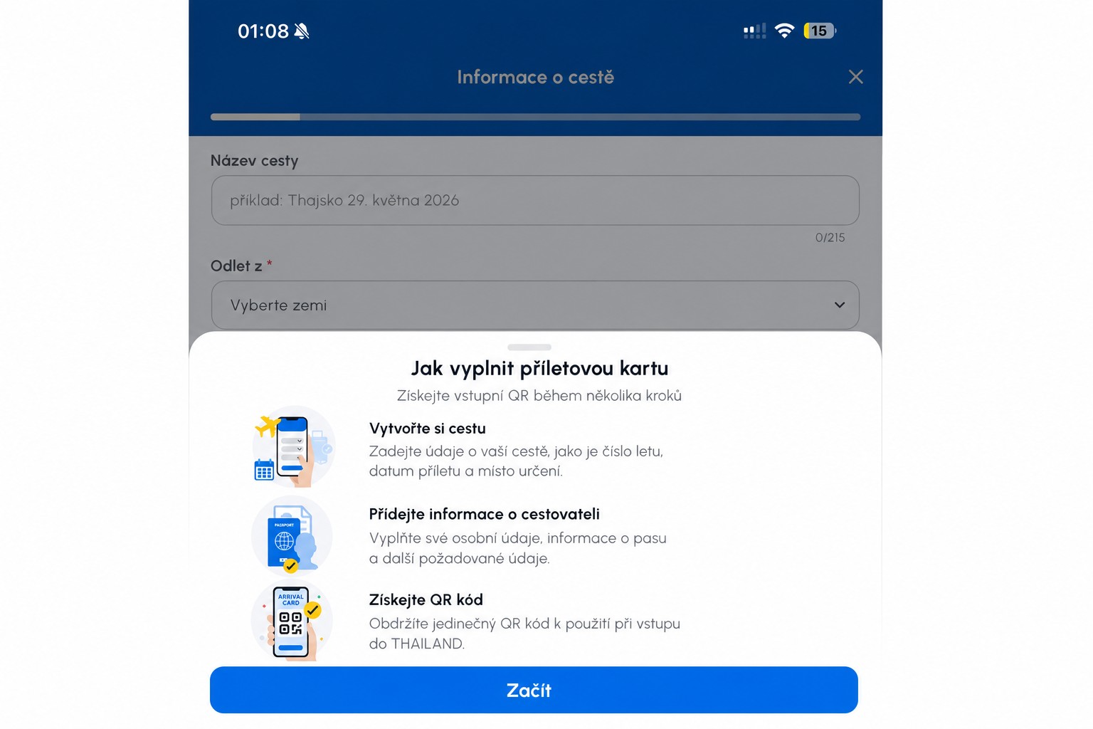 Vyčištěná obrazovka s pokyny k příletové kartě v THIM