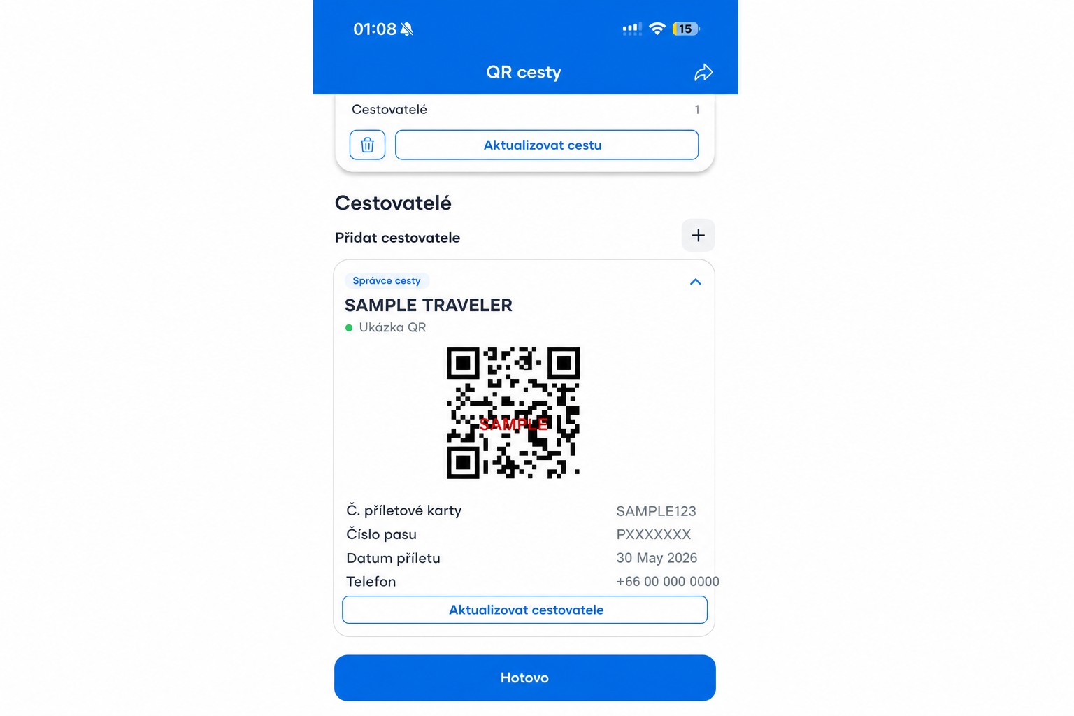 Vyčištěná obrazovka s QR kódem v THIM s nefunkčním vzorovým QR kódem