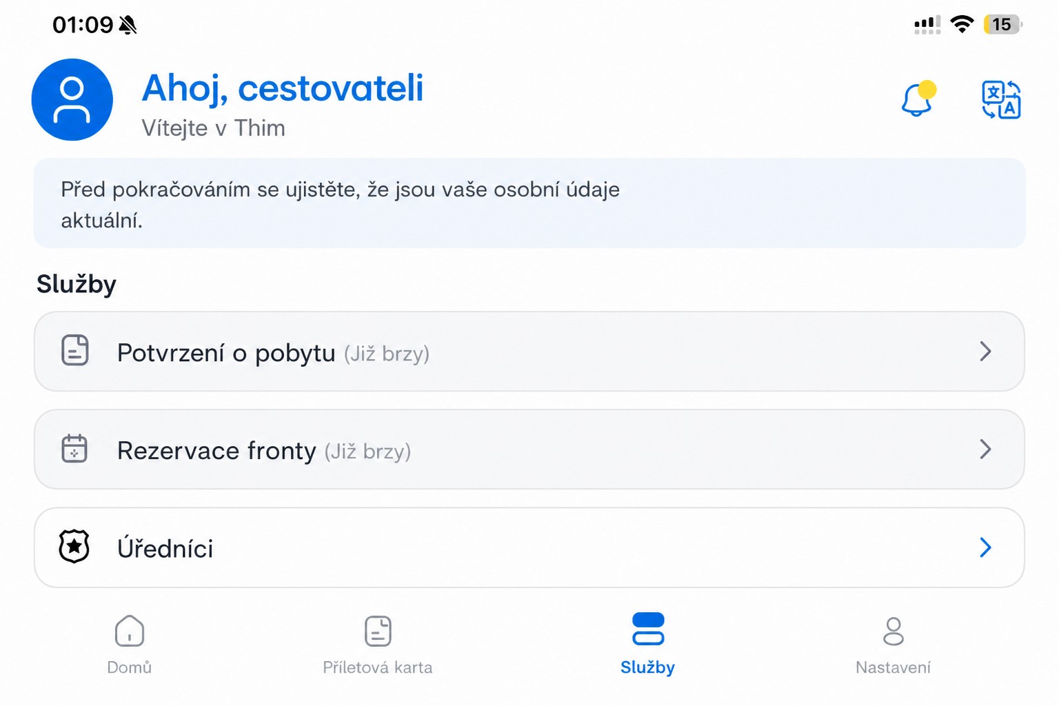 Vyčištěná obrazovka služeb v THIM