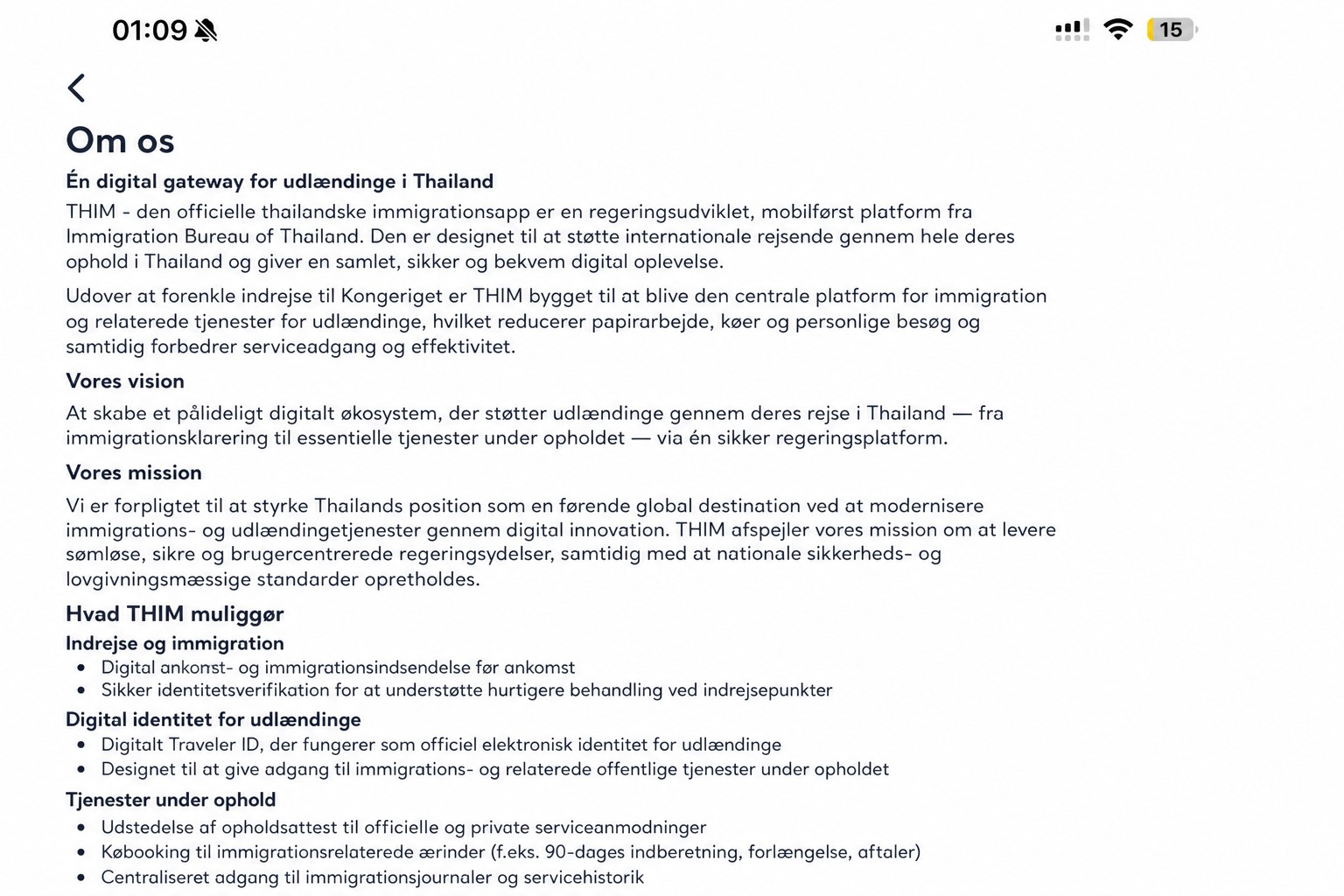 Saniteret THIM-om-skærm, der beskriver den officielle thailandske immigrationsapp