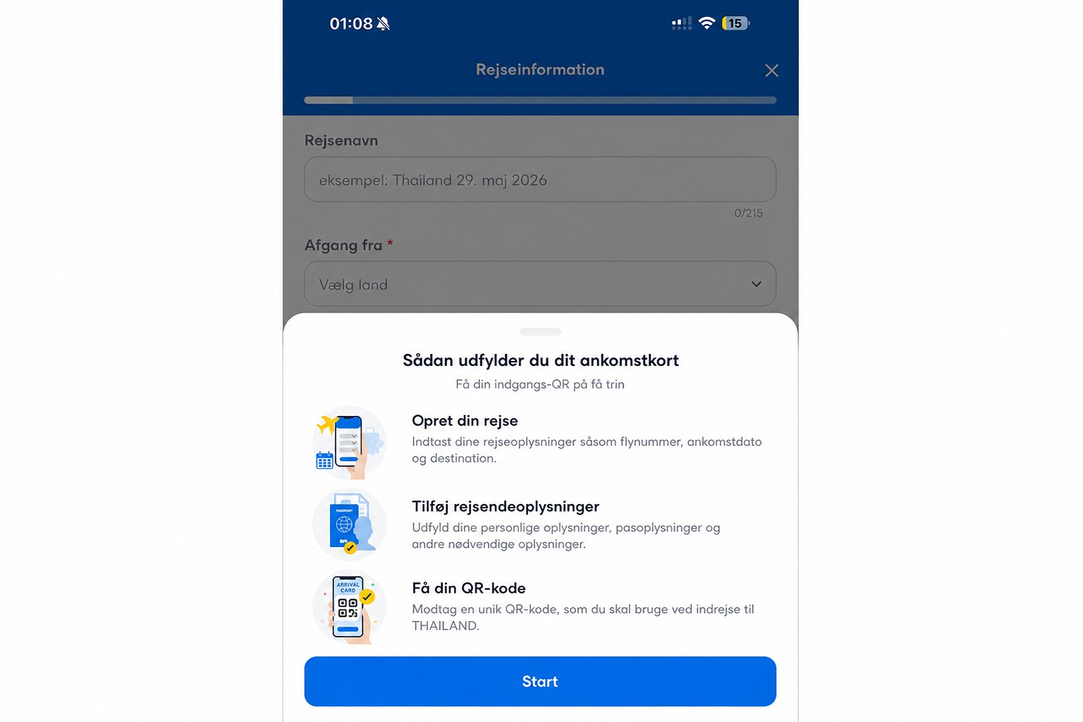 Saniteret THIM-ankomstkort-instruktionsskærm