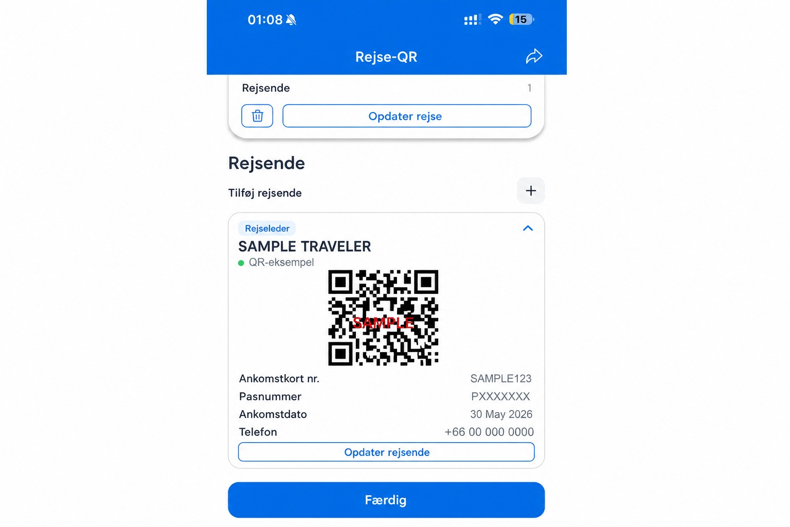 Saniteret THIM-QR-skærm med ikke-funktionel prøve-QR-kode