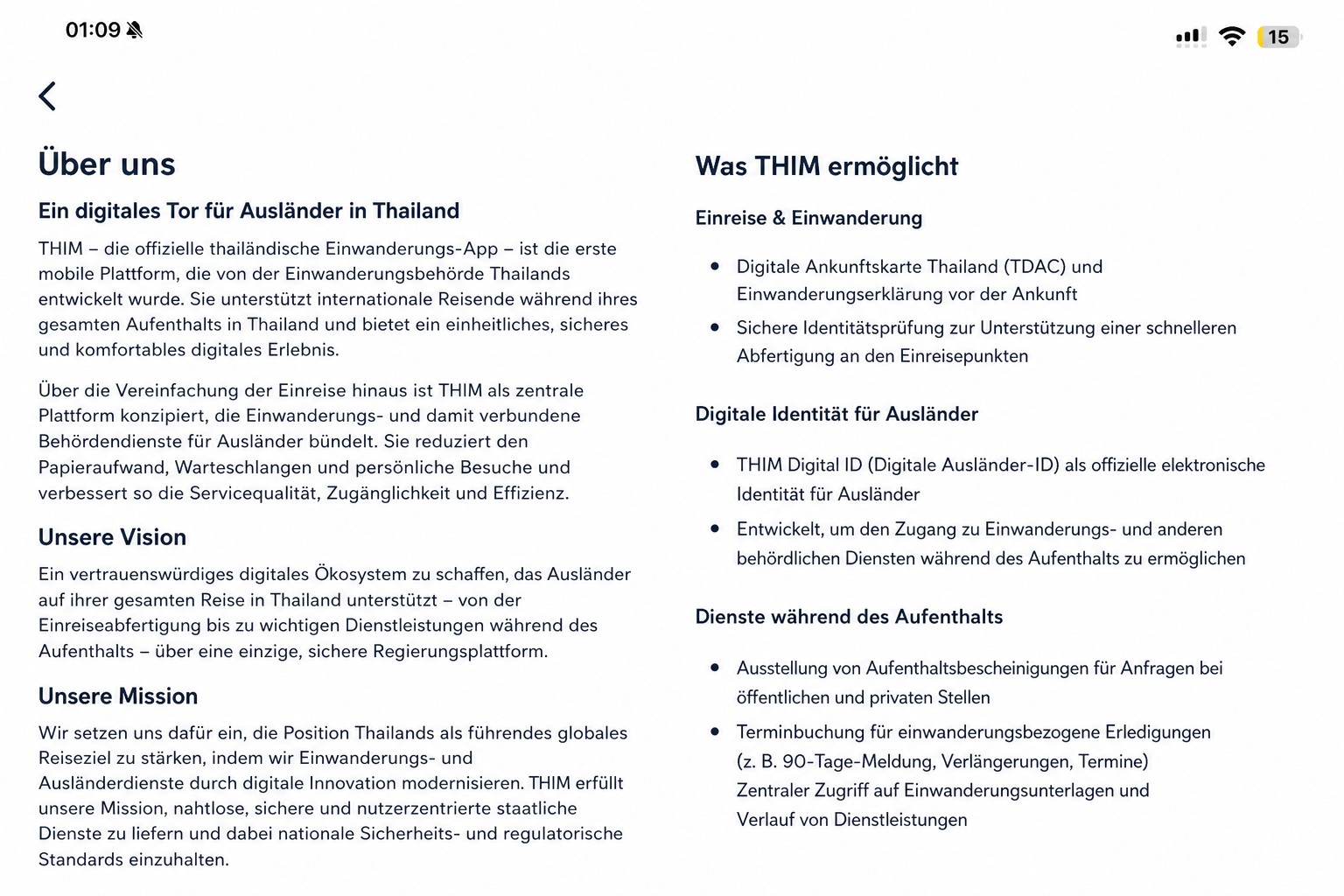 Bereinigter THIM-„Über“-Bildschirm, der die offizielle App der thailändischen Einwanderungsbehörde beschreibt
