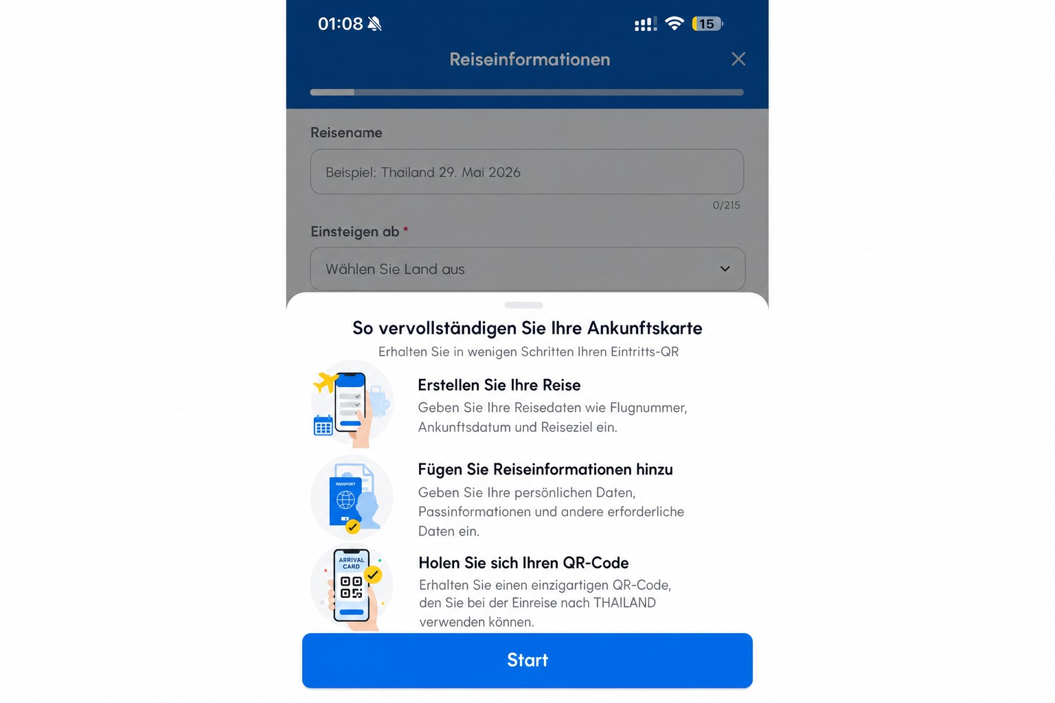 Bereinigter THIM-Bildschirm mit Anweisungen zur Ankunftskarte