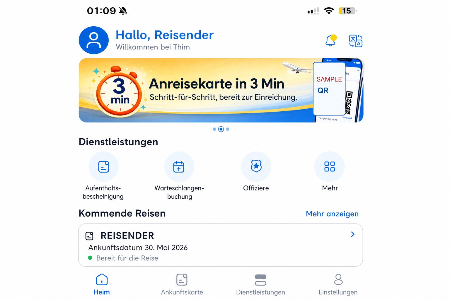Bereinigter THIM-Startbildschirm mit Ankunftskarte und Diensten
