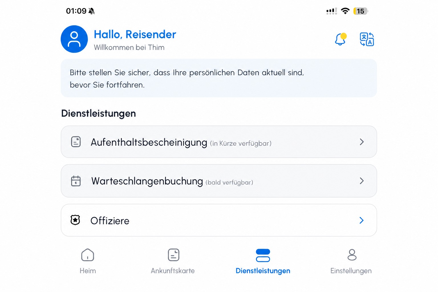 Bereinigter THIM-Dienste-Bildschirm