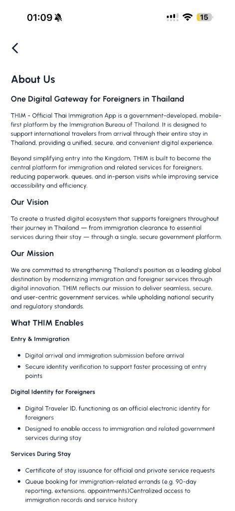 Sanitized THIM about screen describing the official Thai immigration app