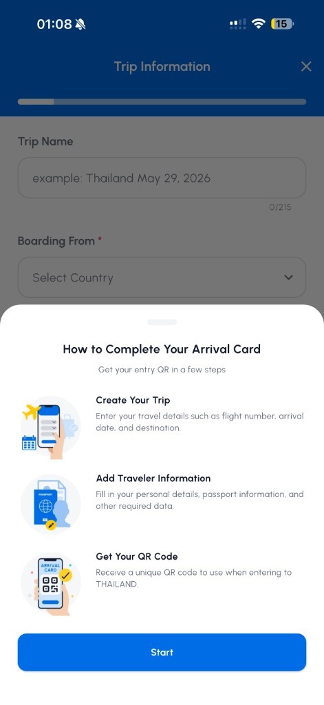 Sanitized THIM arrival card instruction screen