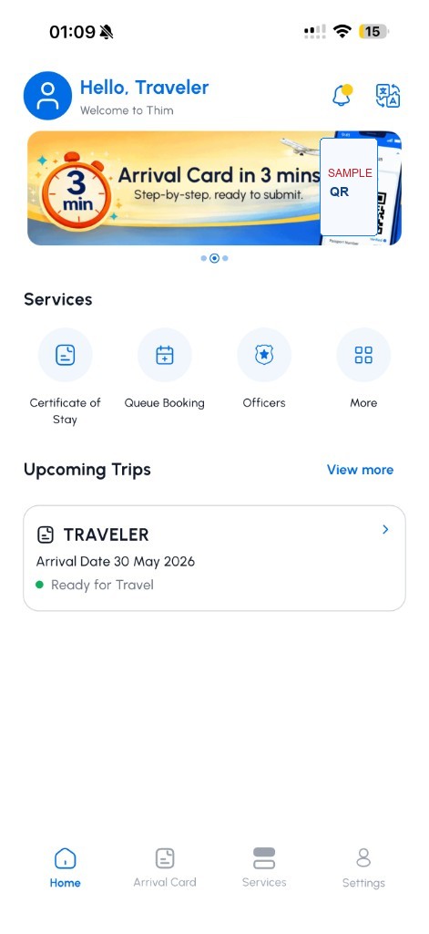 Sanitized THIM home screen showing arrival card and services
