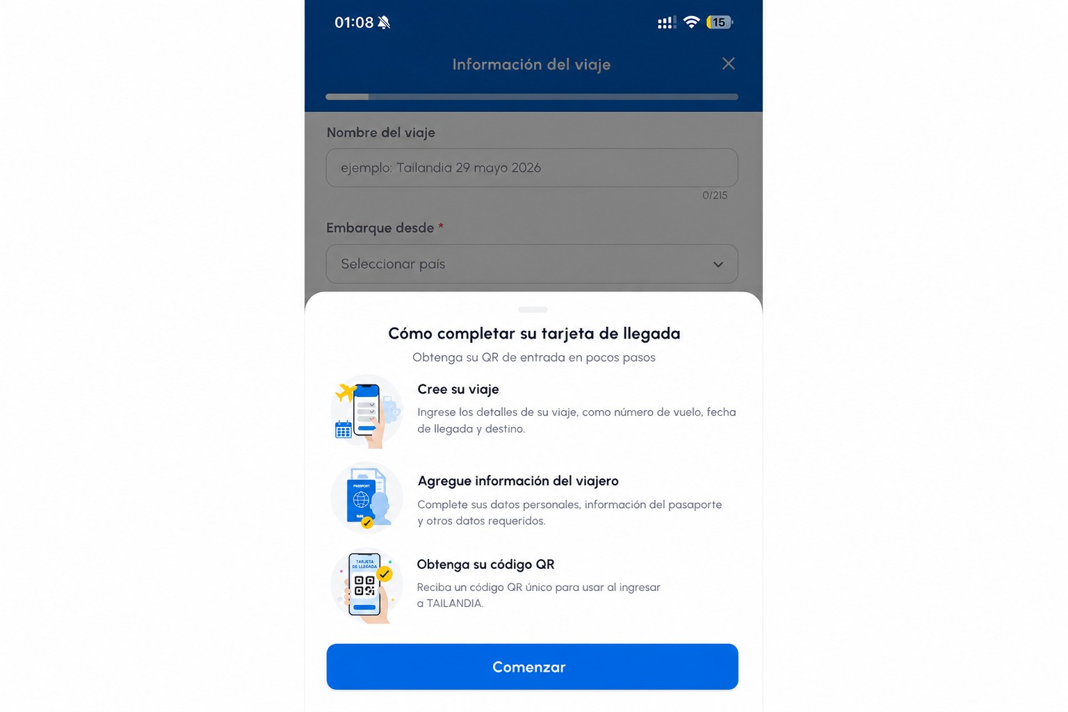 Pantalla de instrucciones de tarjeta de llegada de THIM depurada