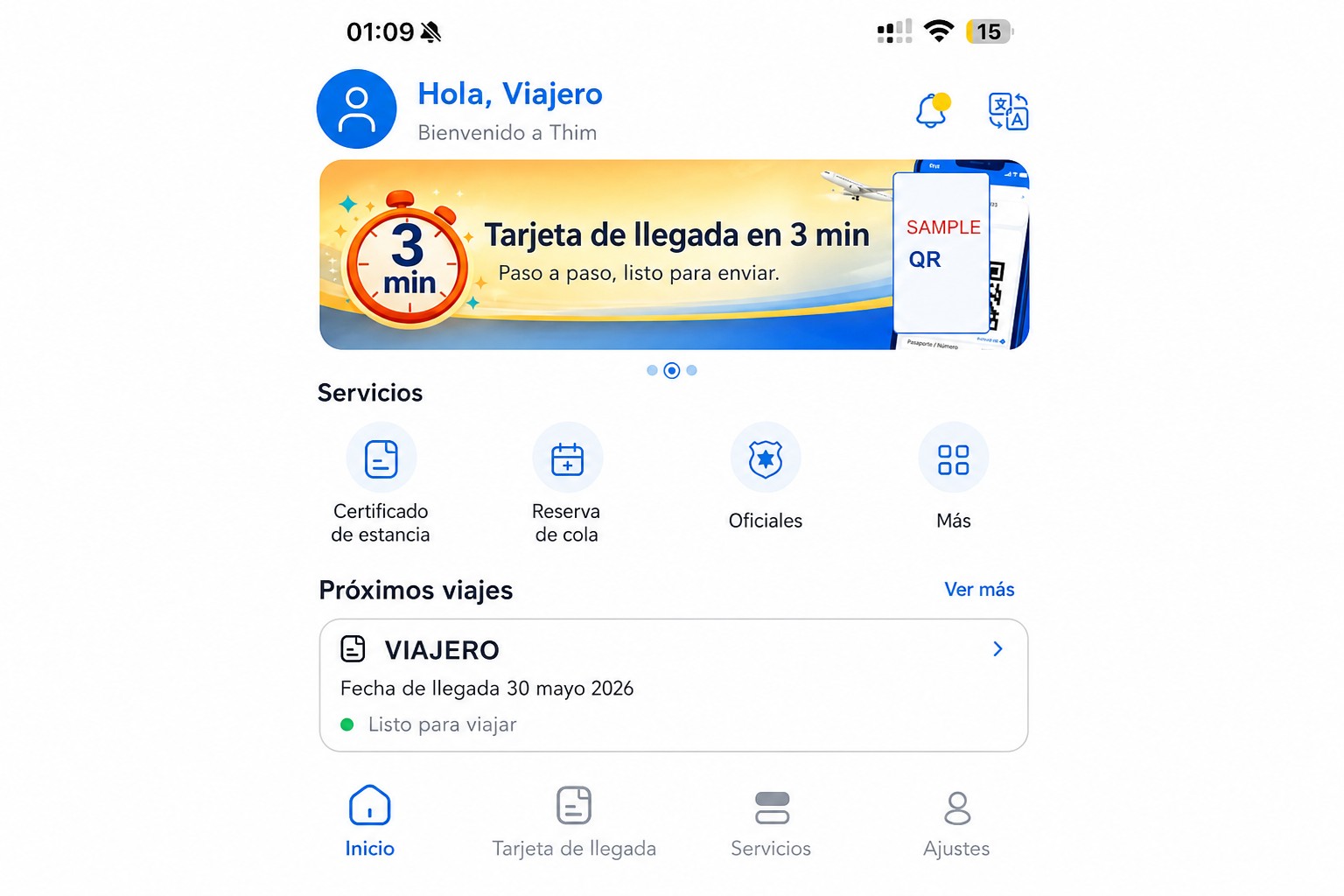 Pantalla de inicio de THIM depurada que muestra la tarjeta de llegada y los servicios