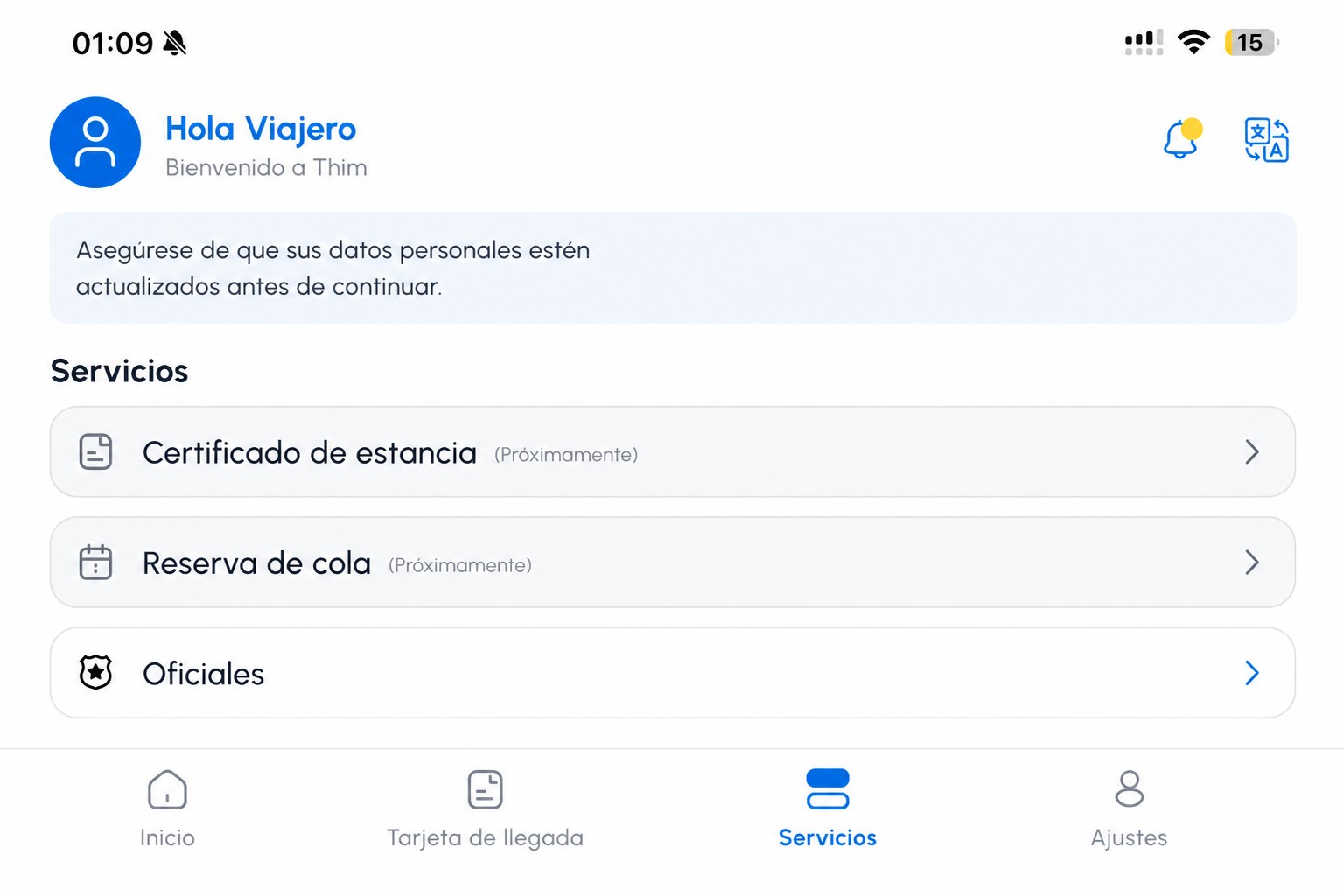 Pantalla de servicios de THIM depurada