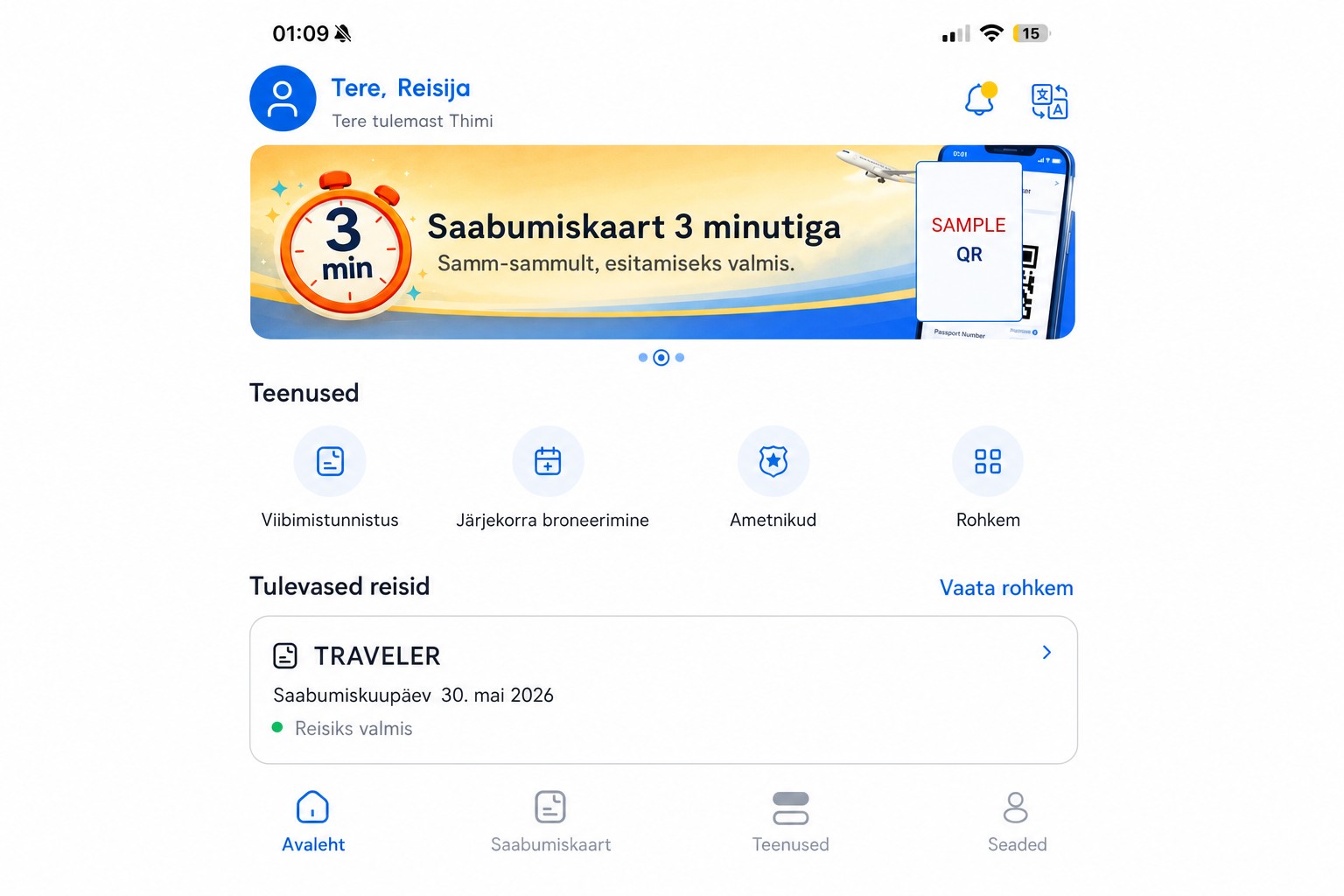 Puhastatud THIM-i avaleht, mis näitab saabumiskaarti ja teenuseid