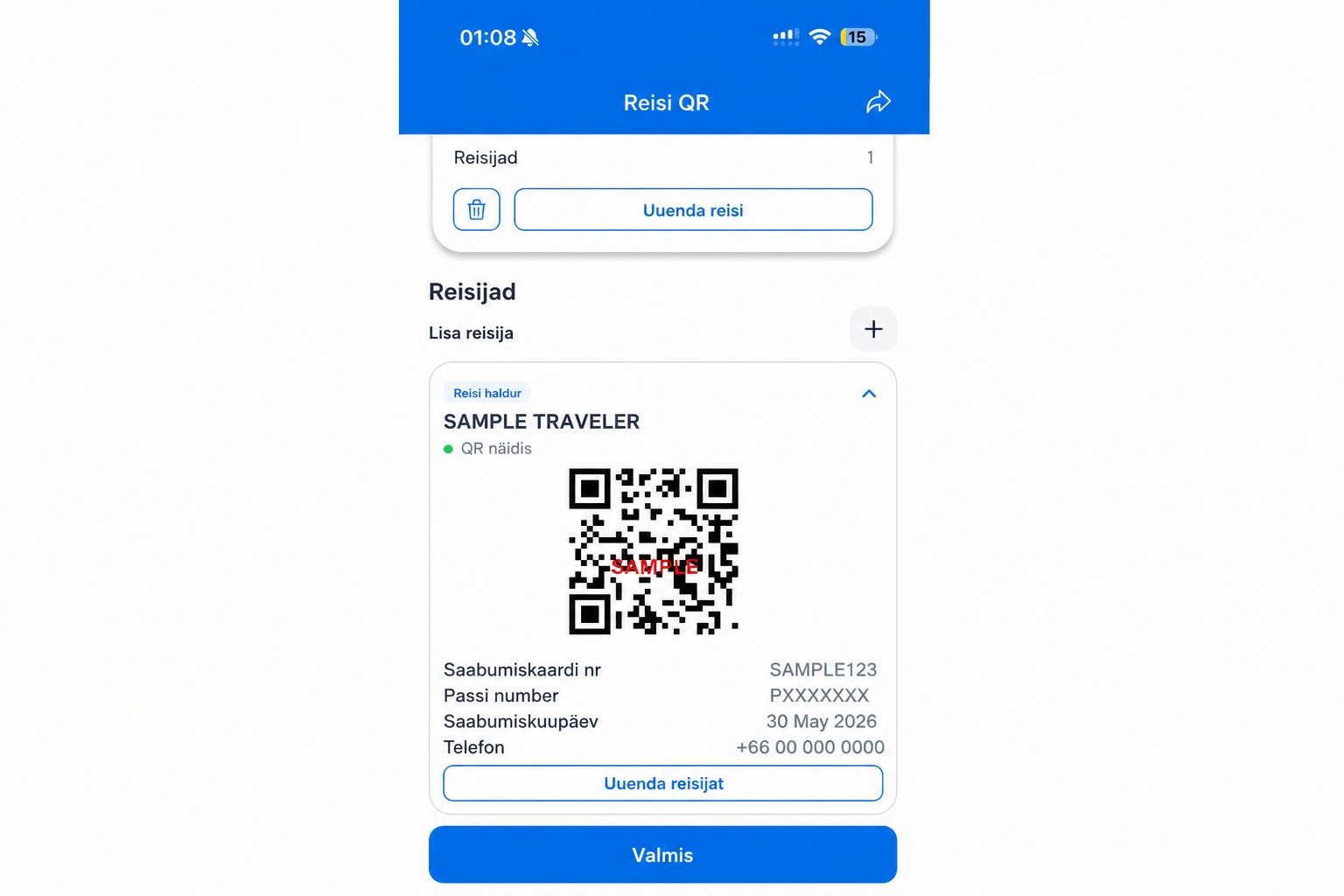Puhastatud THIM-i QR-ekraan mittetoimiva näidis-QR-koodiga