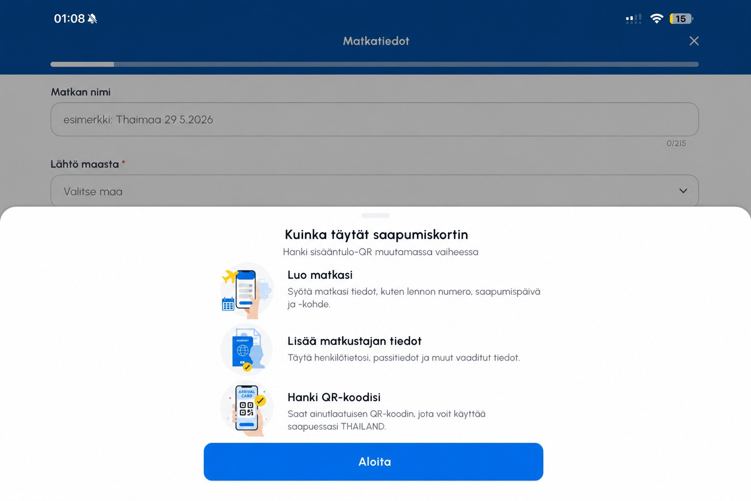 Puhdistettu THIM-maahantulokortin ohjenäyttö
