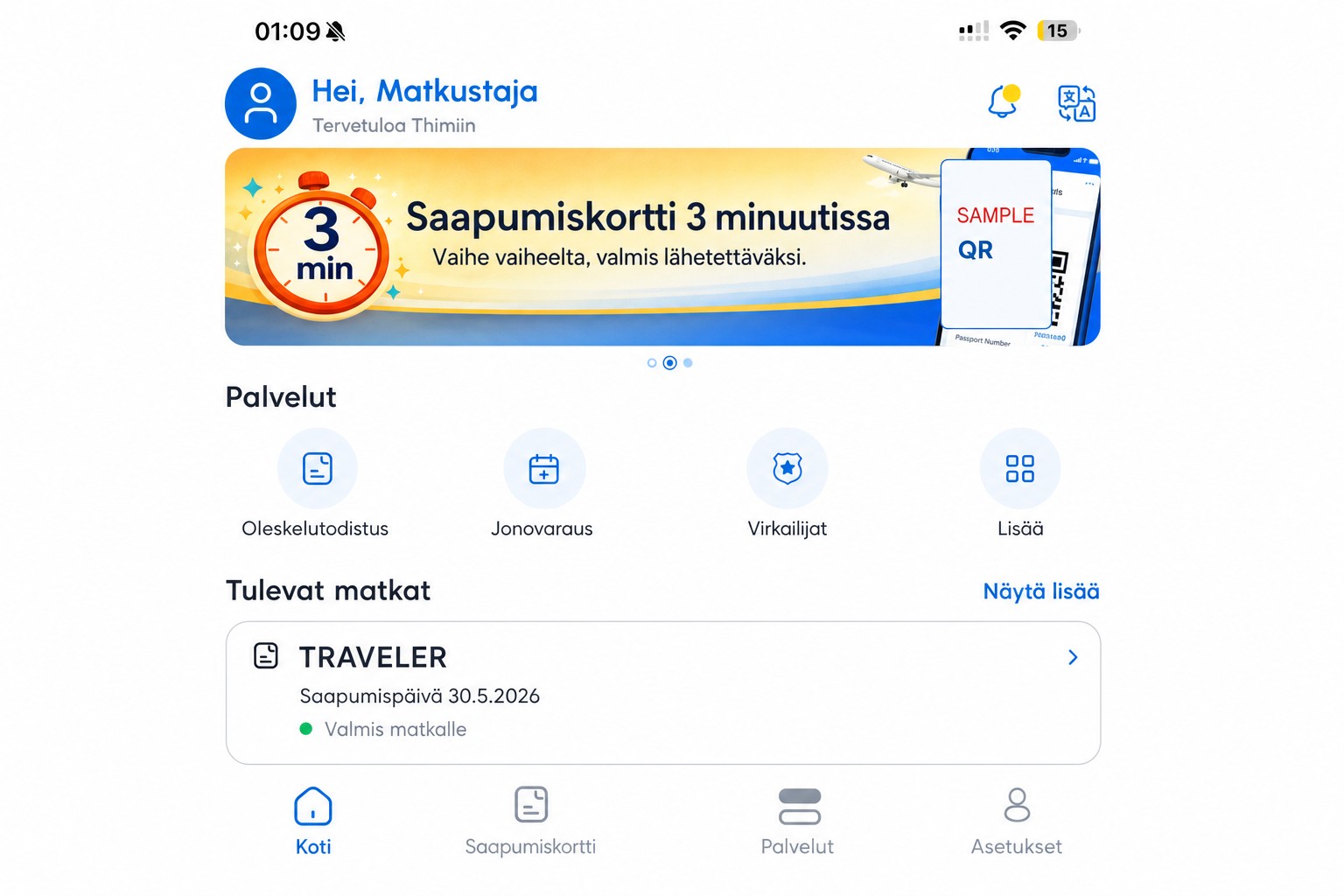 Puhdistettu THIM-etusivu, jossa näkyvät maahantulokortti ja palvelut