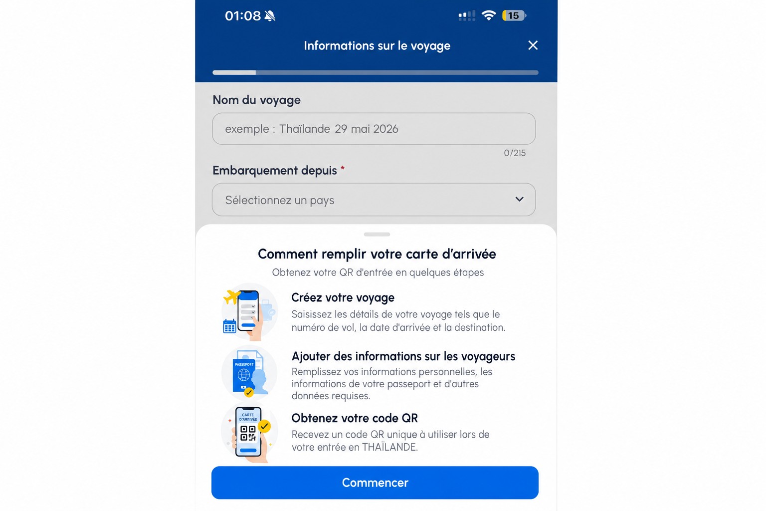 Écran d’instructions pour la carte d’arrivée THIM expurgé