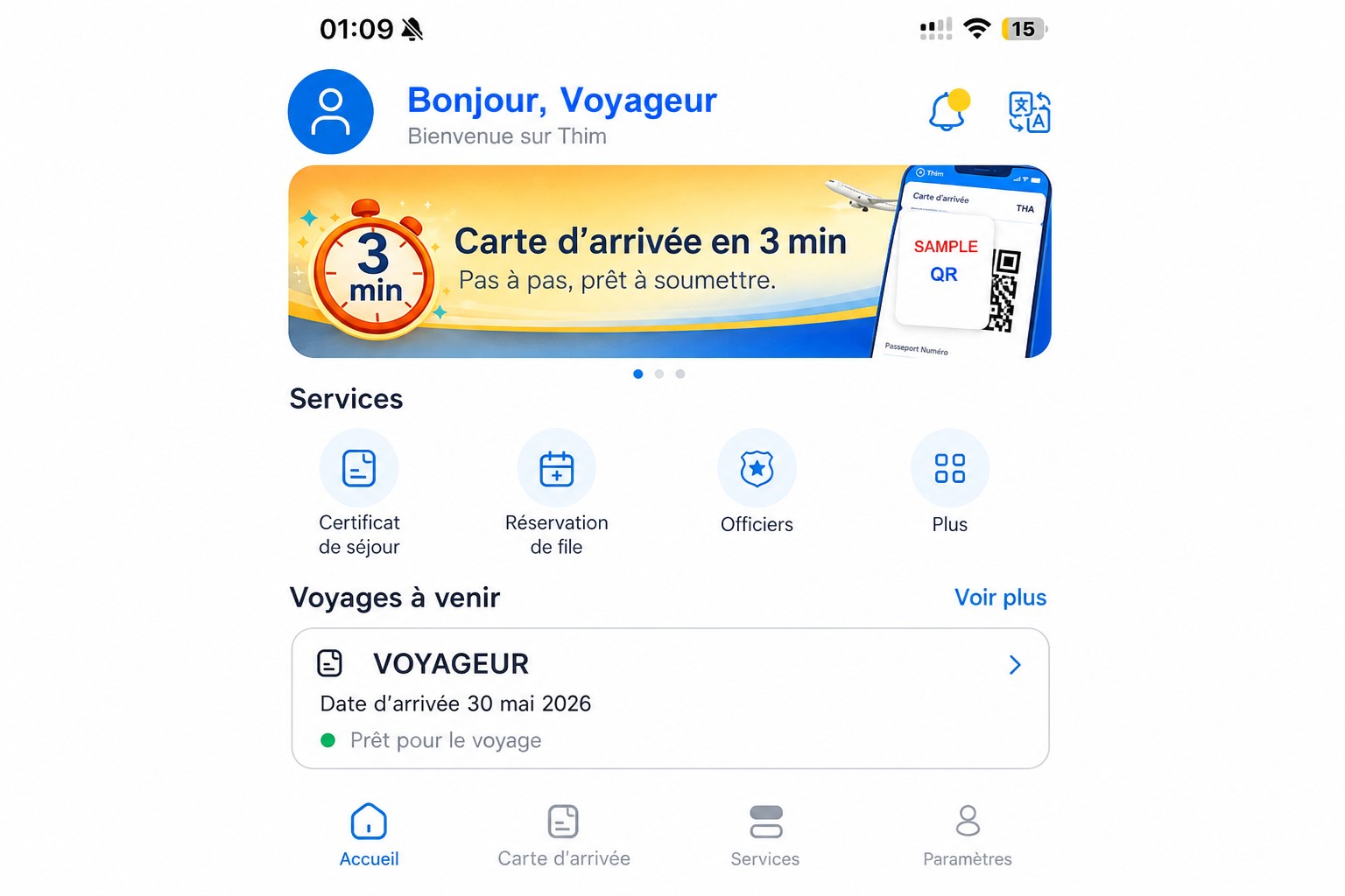 Écran d’accueil THIM expurgé affichant la carte d’arrivée et les services