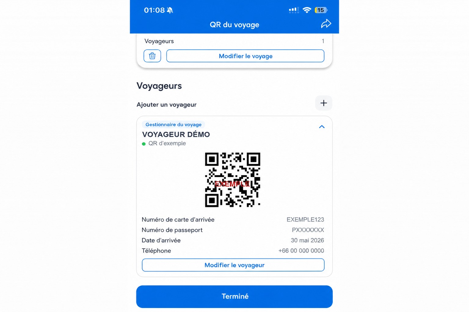 Écran QR THIM expurgé avec code QR d’exemple non fonctionnel