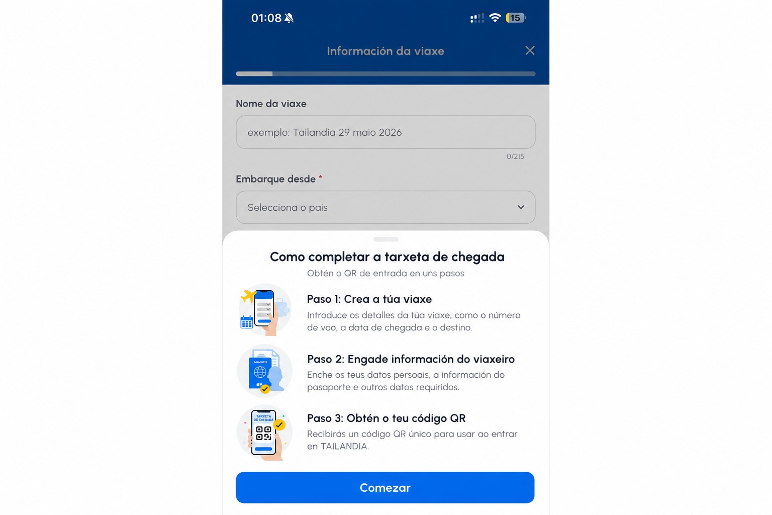 Pantalla depurada de instrucións da tarxeta de chegada de THIM