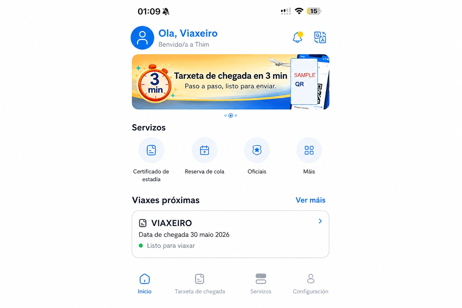 Pantalla principal depurada de THIM que mostra a tarxeta de chegada e servizos