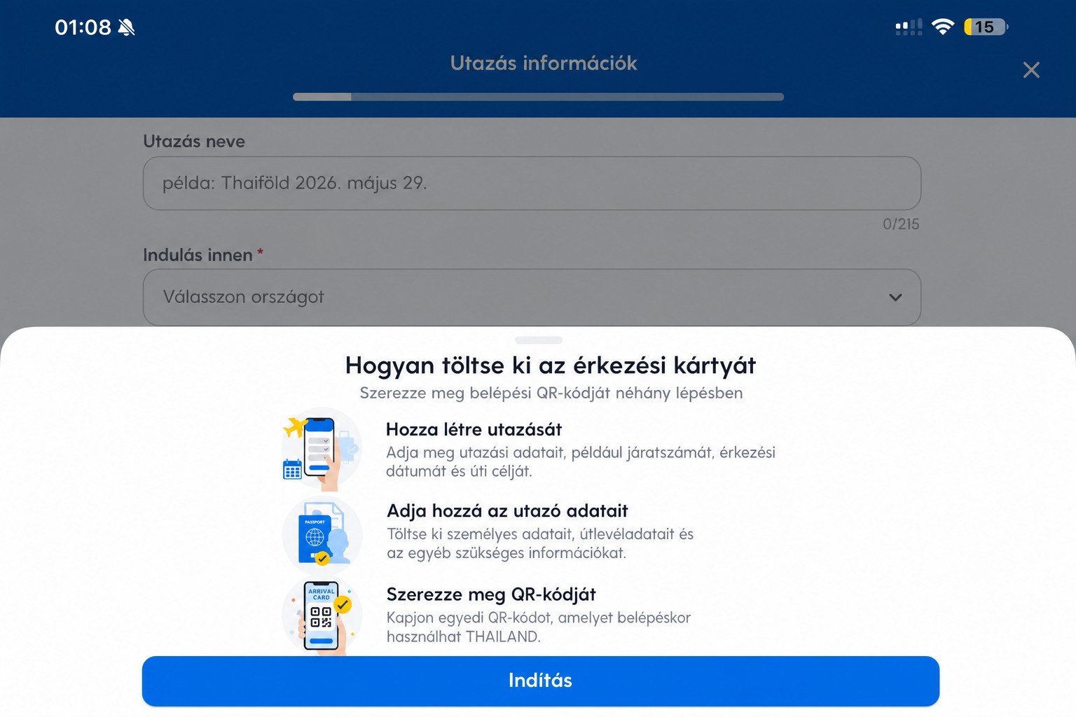 Anonimizált THIM érkezési kártya‑útmutató képernyő