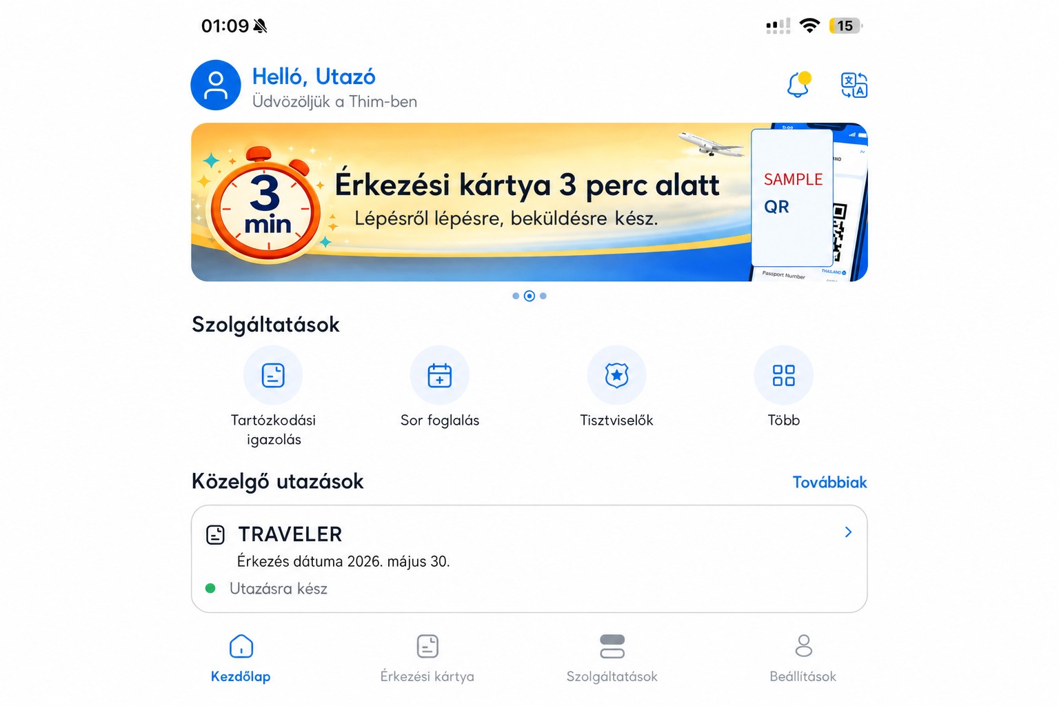 Anonimizált THIM kezdőképernyő, amely az érkezési kártyát és a szolgáltatásokat mutatja