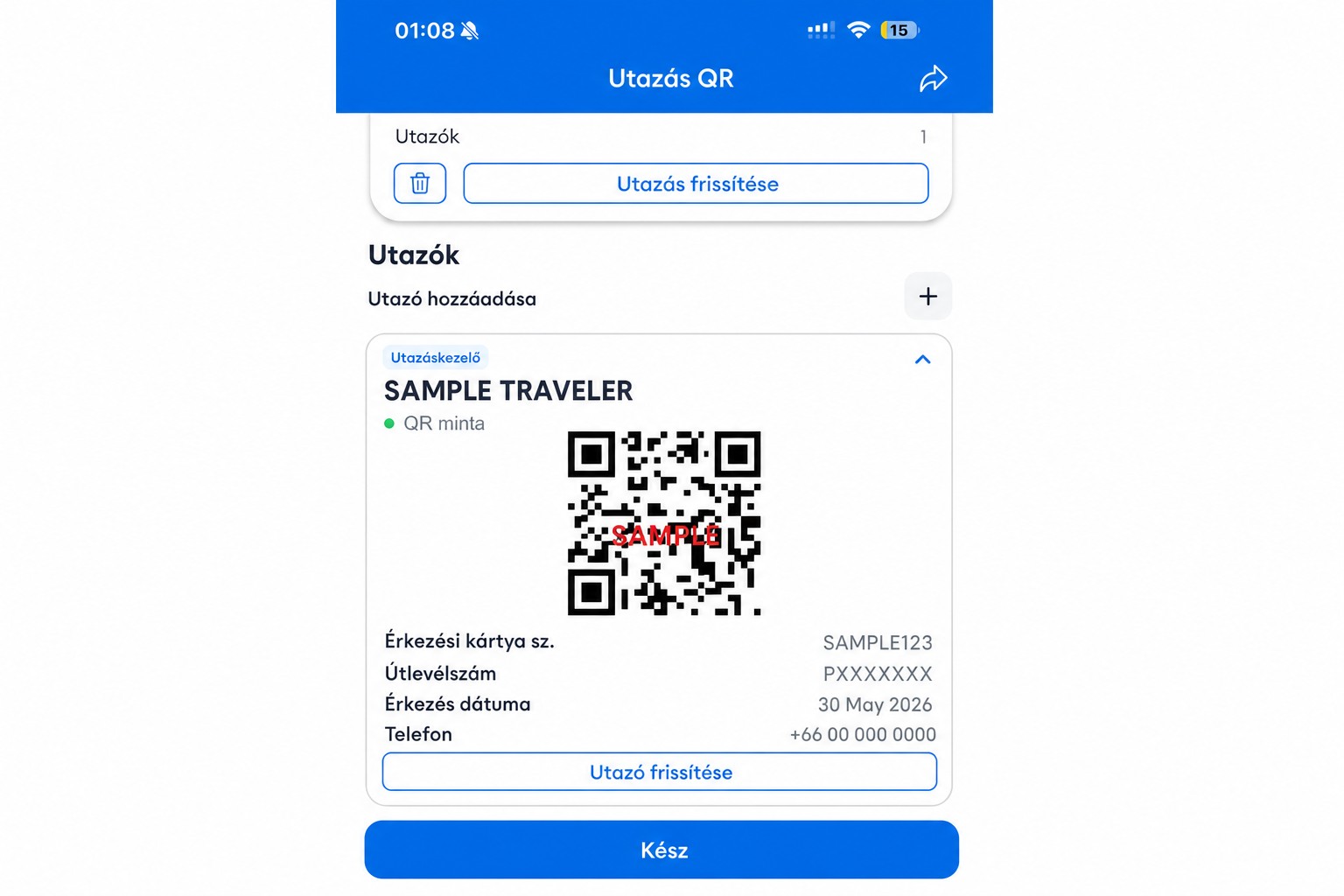 Anonimizált THIM QR‑képernyő nem működő mintaként szolgáló QR‑kóddal