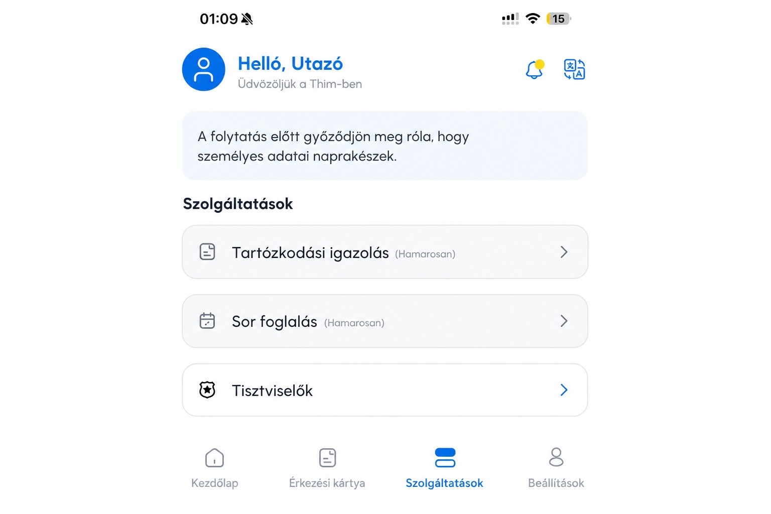 Anonimizált THIM szolgáltatások képernyő