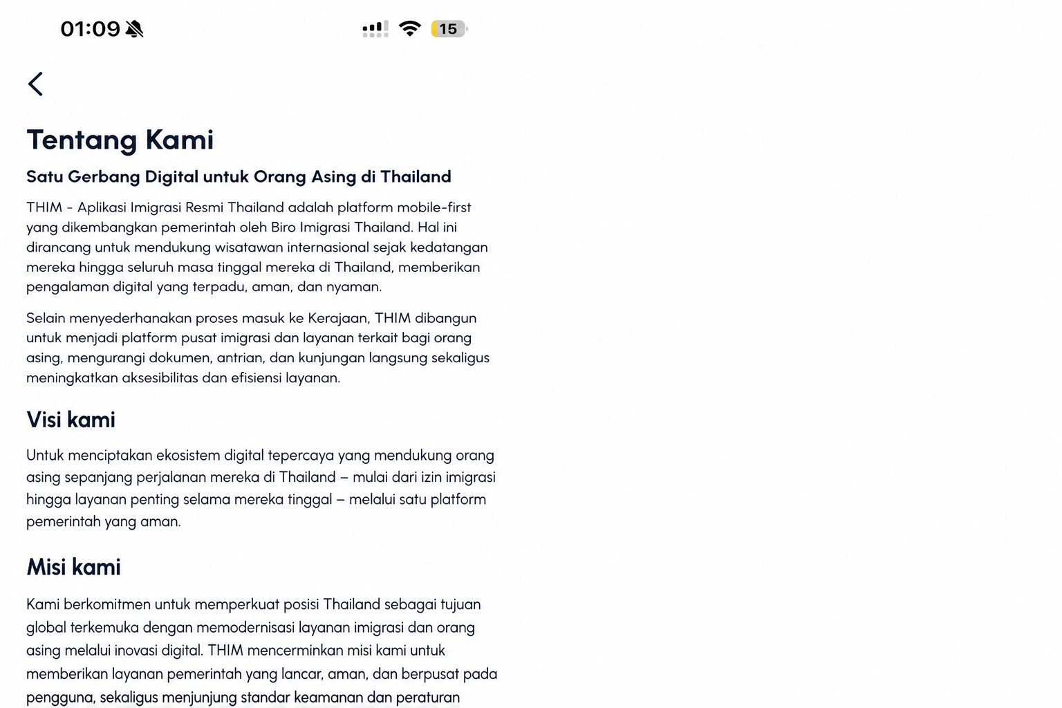 Layar tentang THIM yang telah disanitasi yang menjelaskan aplikasi resmi Imigrasi Thailand
