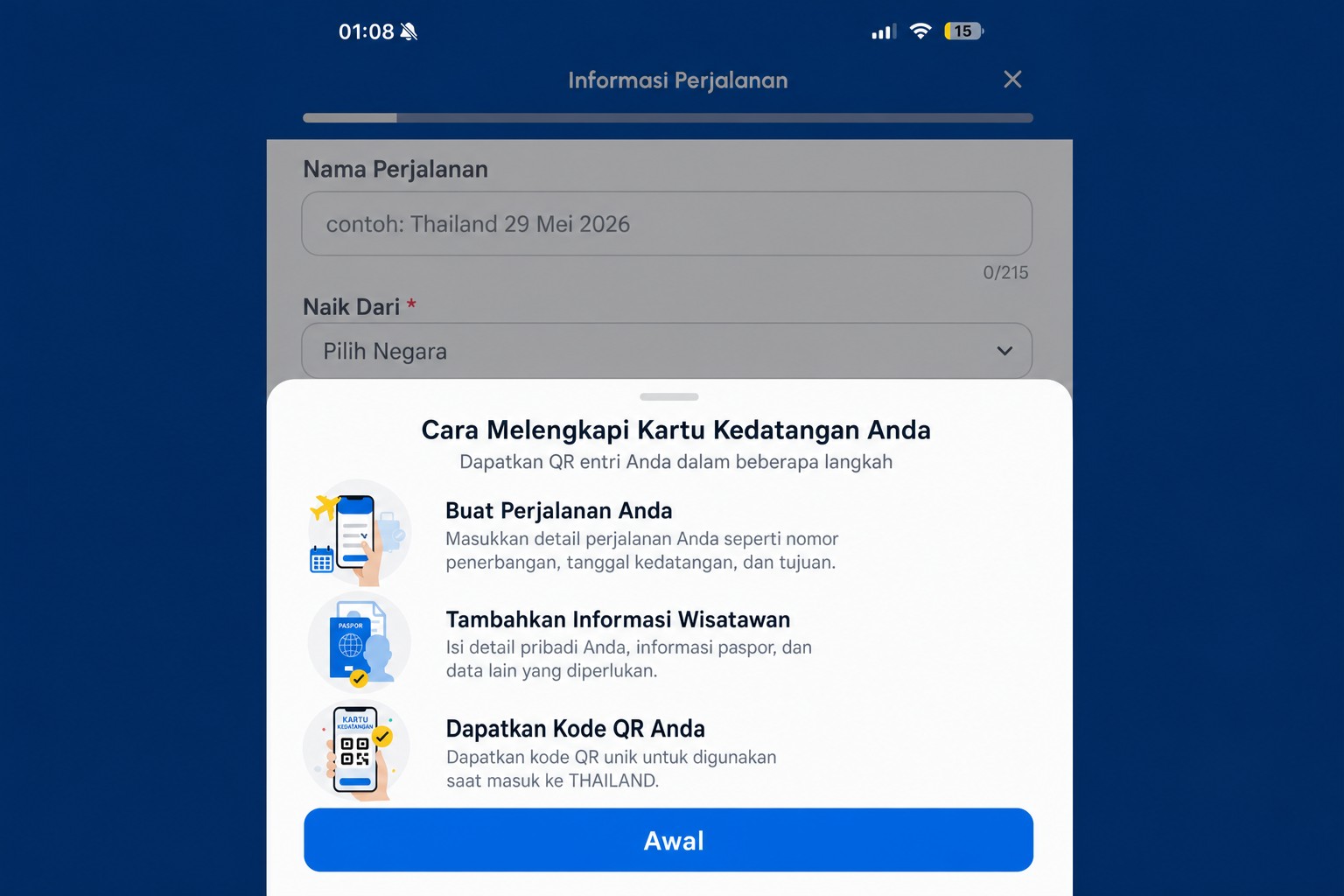 Layar instruksi kartu kedatangan THIM yang telah disanitasi