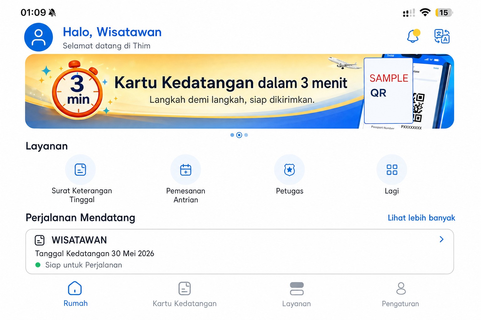 Layar beranda THIM yang telah disanitasi yang menampilkan kartu kedatangan dan layanan