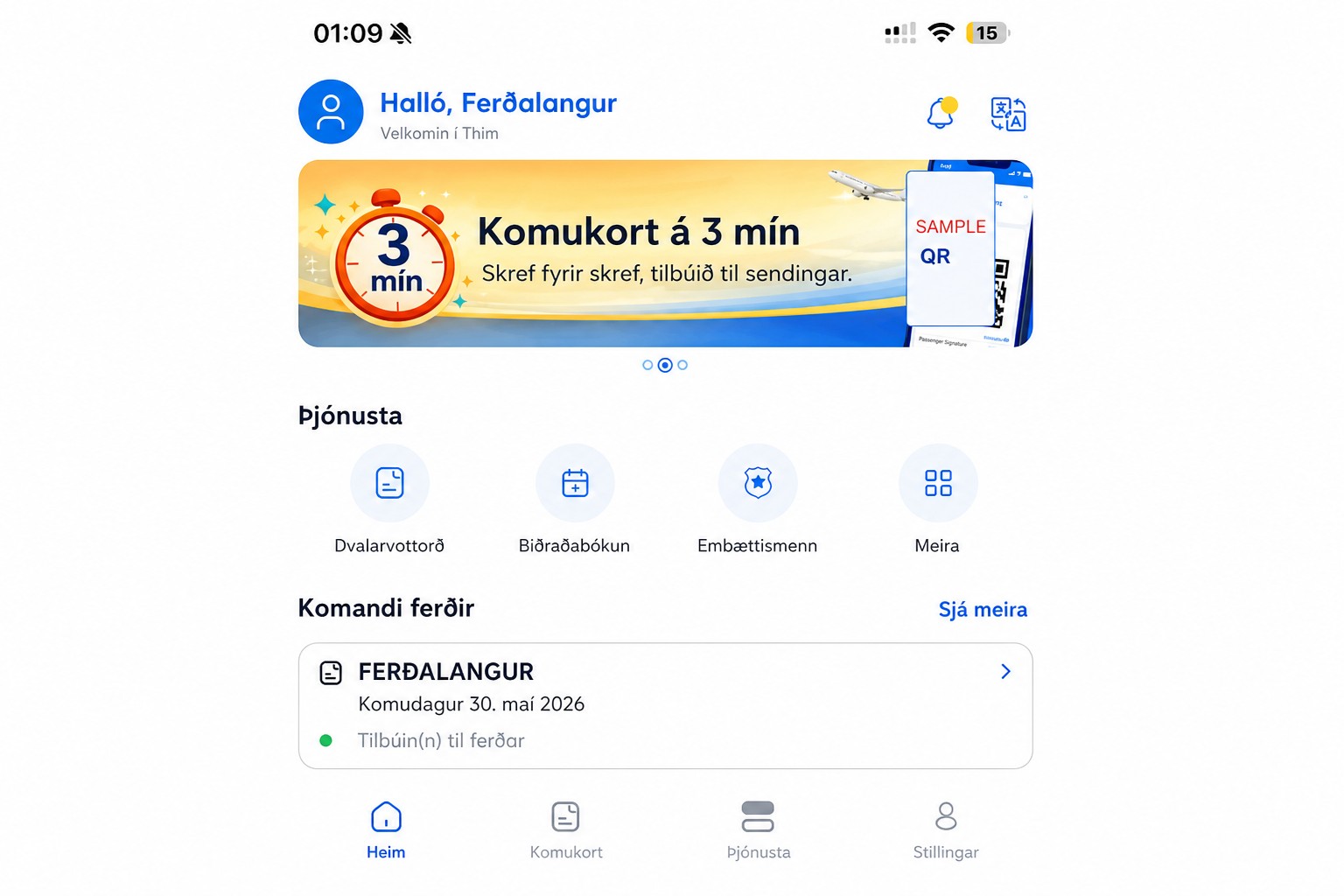 Hreinsuð THIM-heimaskjármynd sem sýnir komukort og þjónustur