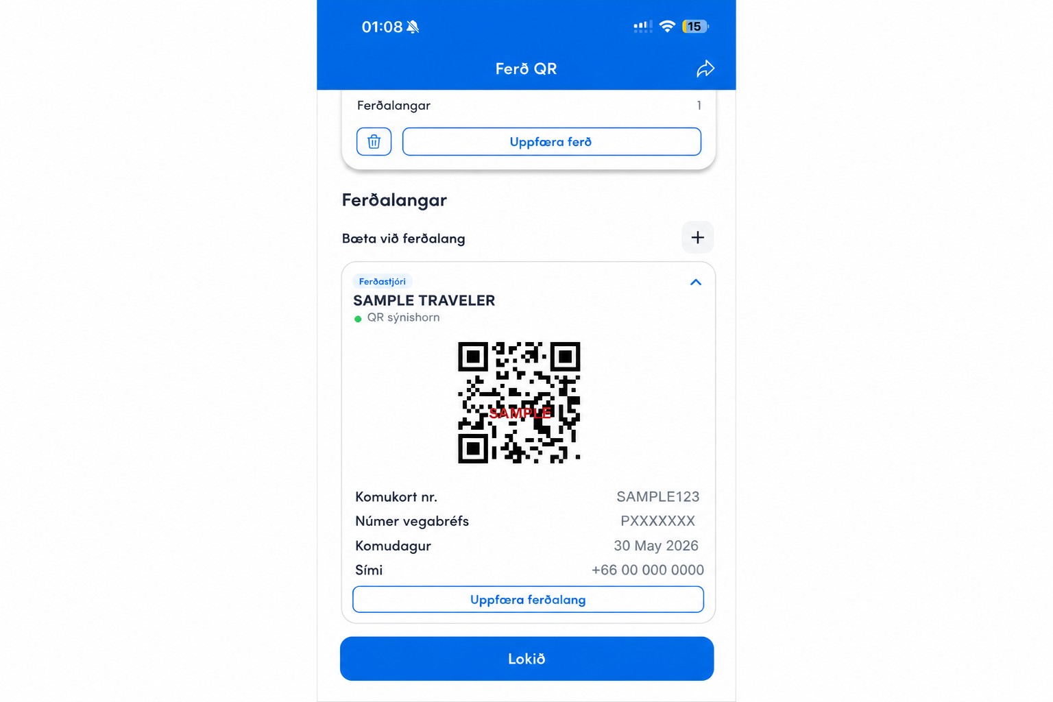 Hreinsuð THIM-QR-síða með óvirkum sýnishorn-QR-kóða