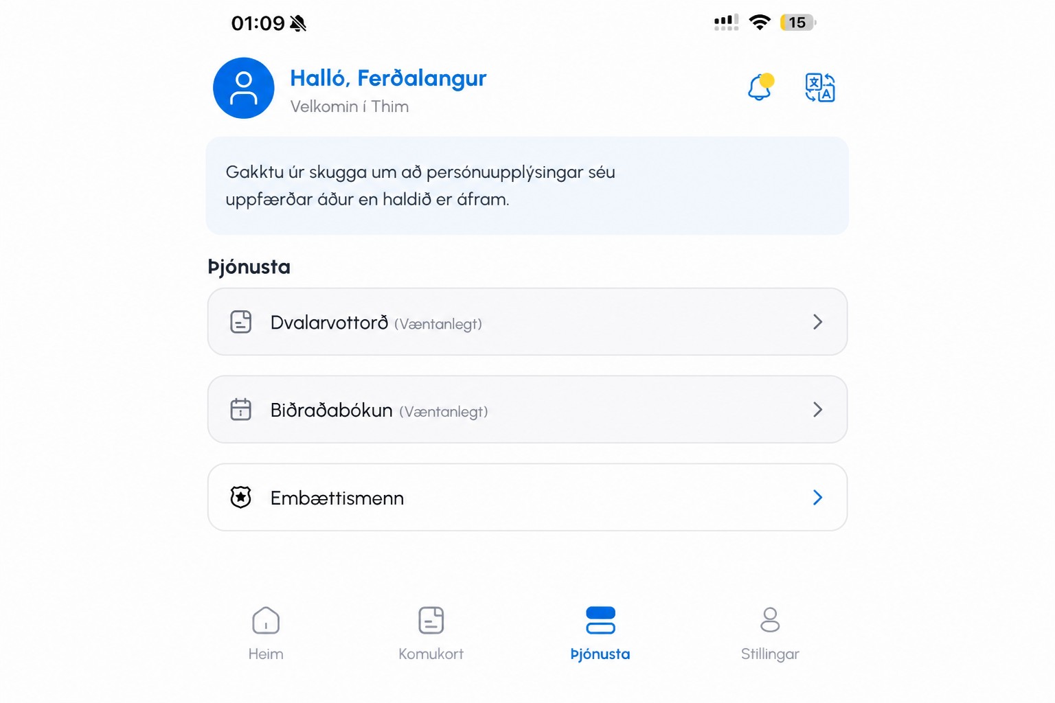 Hreinsuð þjónustusíða THIM