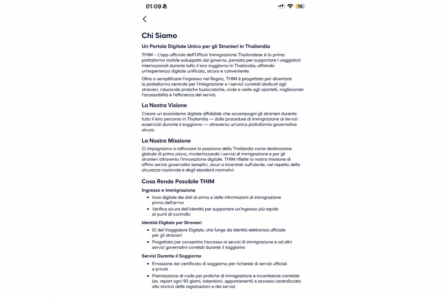 Schermata informativa THIM sanitizzata che descrive l’app ufficiale dell’Immigrazione thailandese