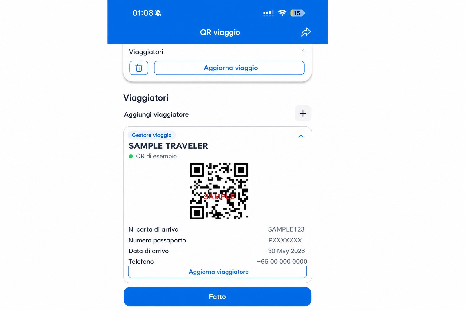 Schermata QR THIM sanitizzata con codice QR di esempio non funzionante