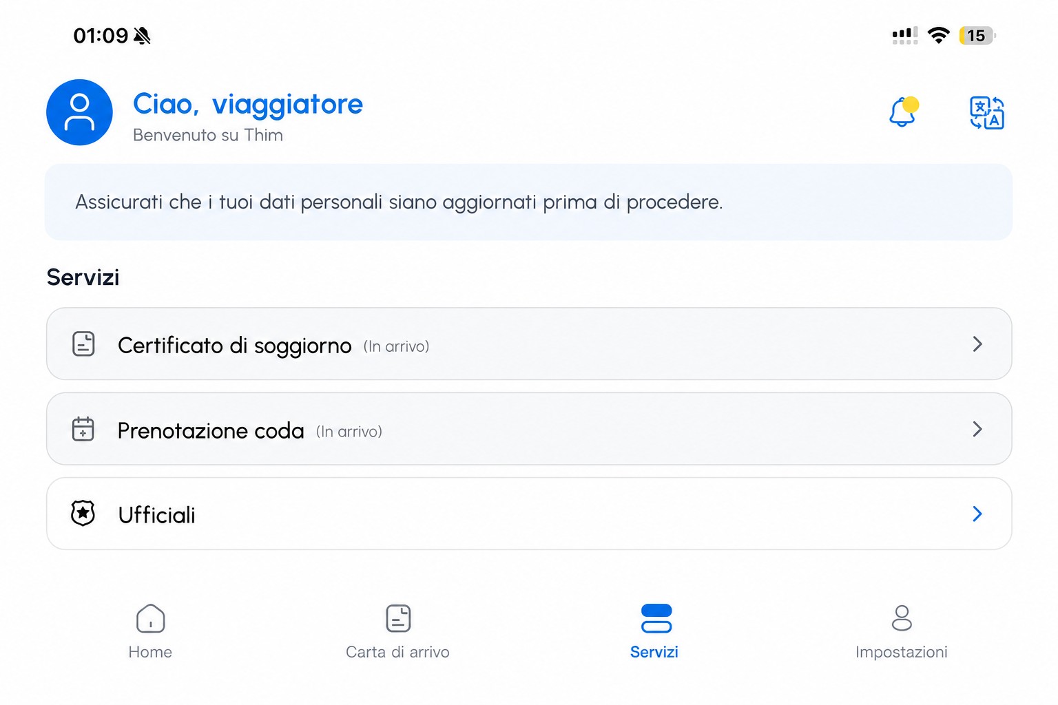 Schermata servizi THIM sanitizzata