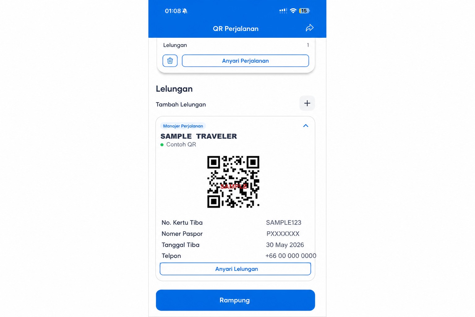 Layar QR THIM sing wis disterilisasi kanthi conto kode QR sing ora fungsional