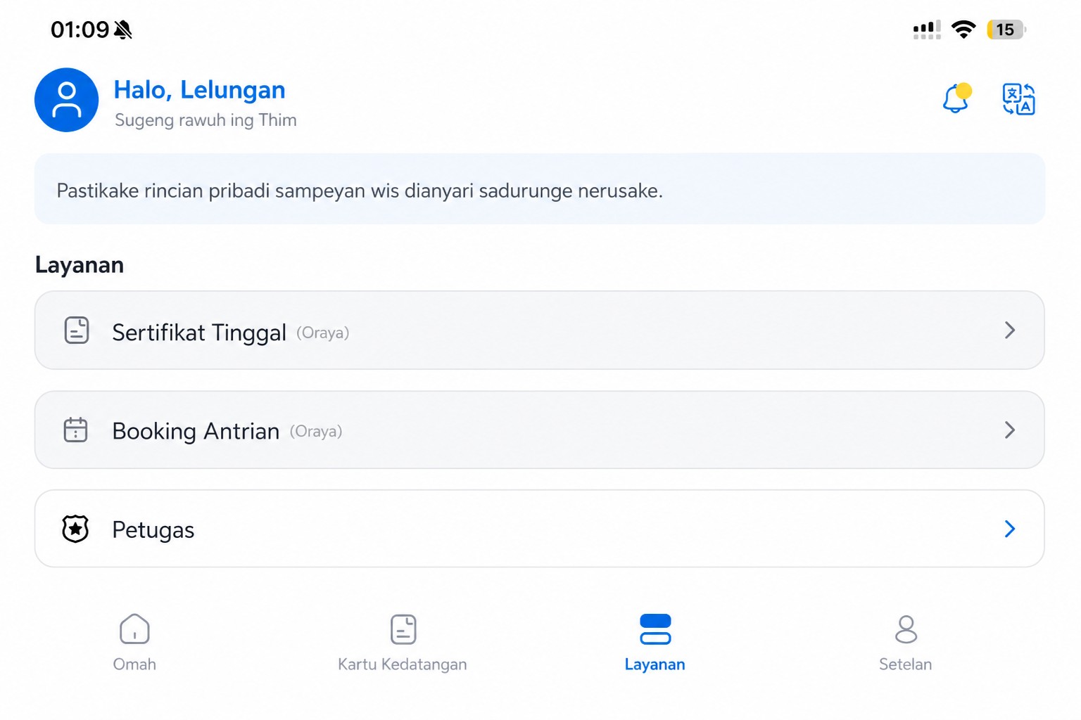Layar layanan THIM sing wis disterilisasi