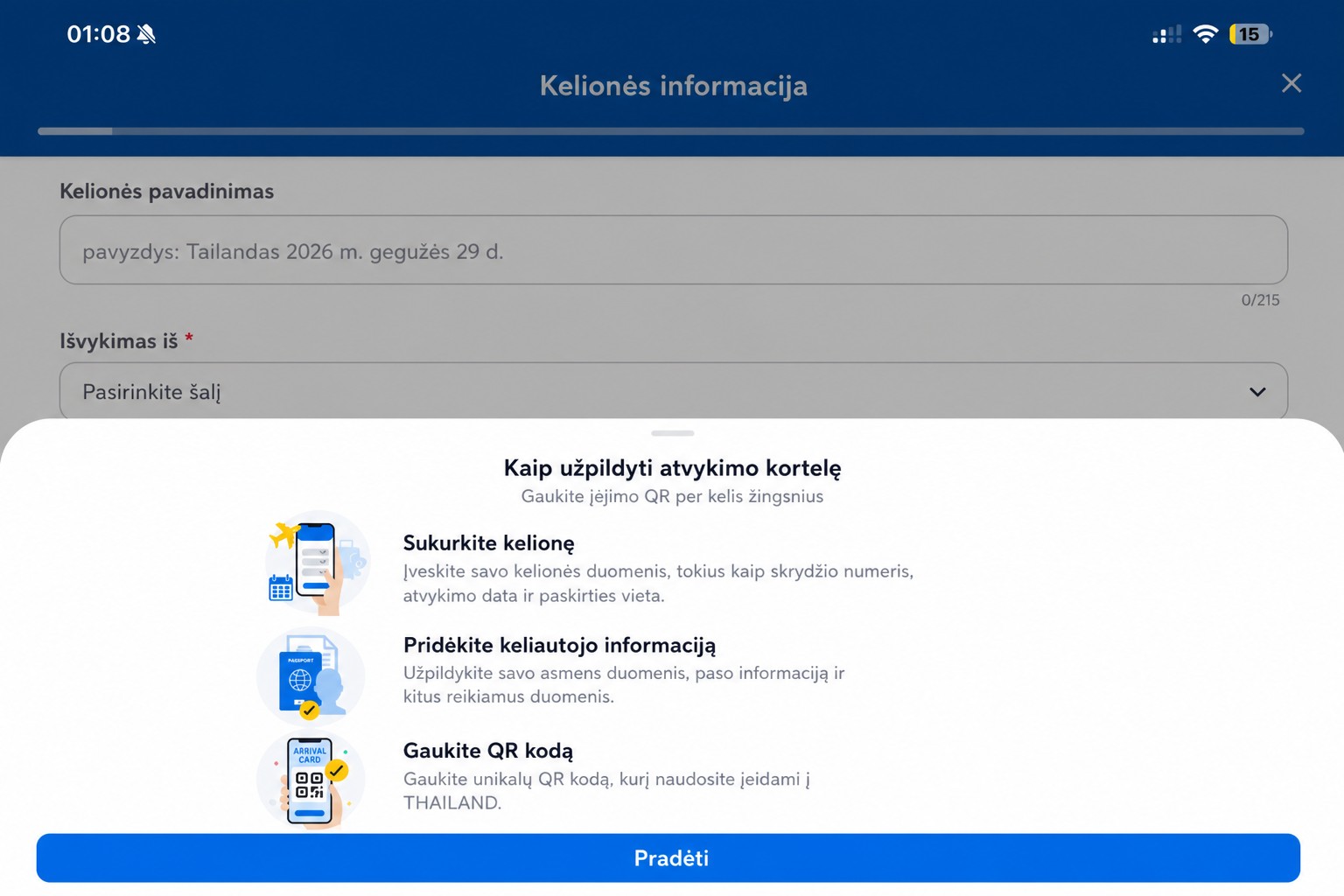Išvalytas THIM atvykimo kortelės instrukcijų ekranas