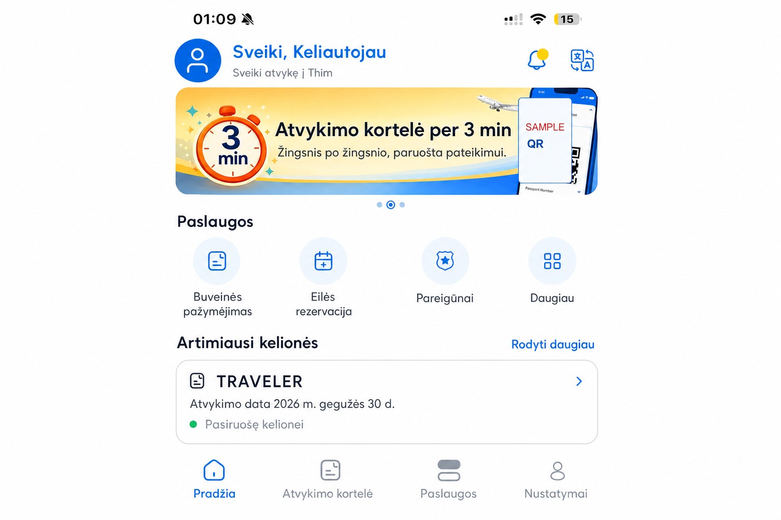 Išvalytas THIM pradžios ekranas, rodantis atvykimo kortelę ir paslaugas