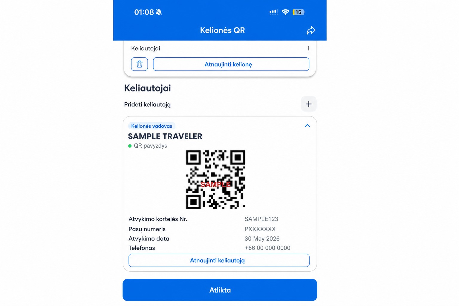 Išvalytas THIM QR ekranas su neveikiančiu pavyzdiniu QR kodu