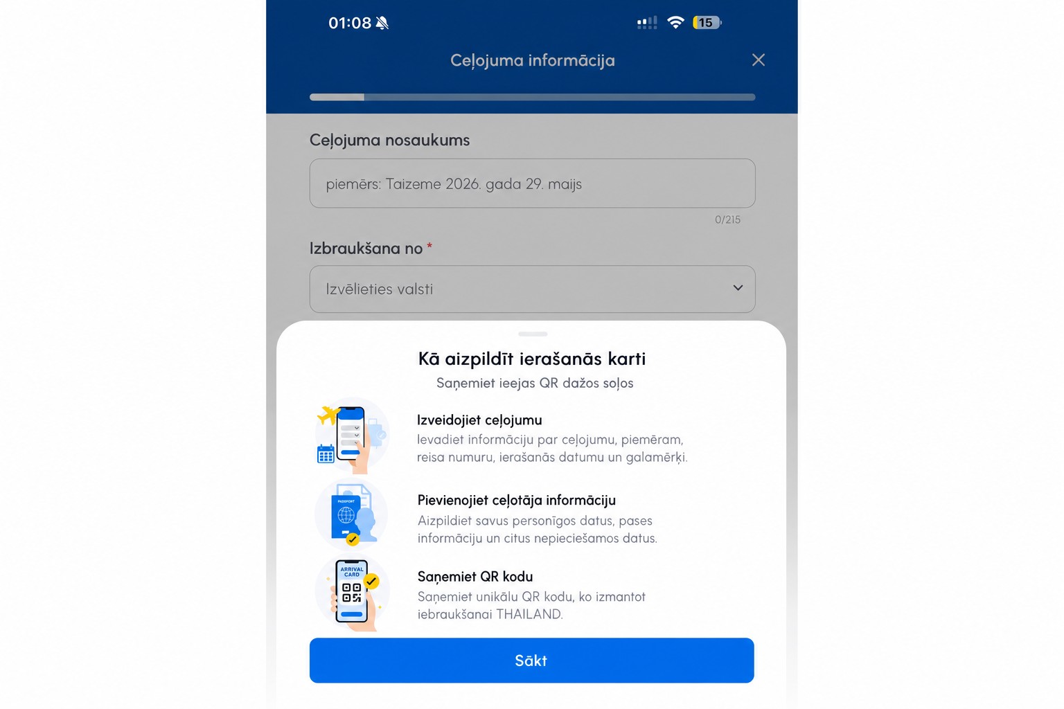 Rediģēts THIM ierašanās kartes instrukciju ekrāns