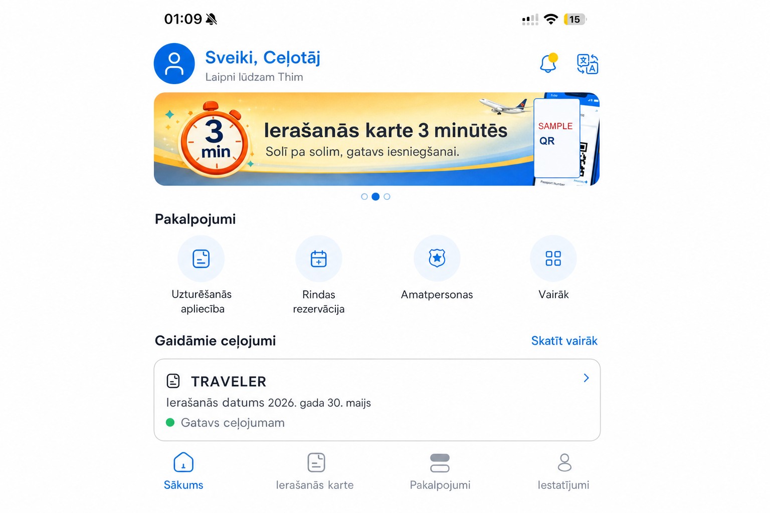 Rediģēts THIM sākuma ekrāns ar ierašanās karti un pakalpojumiem