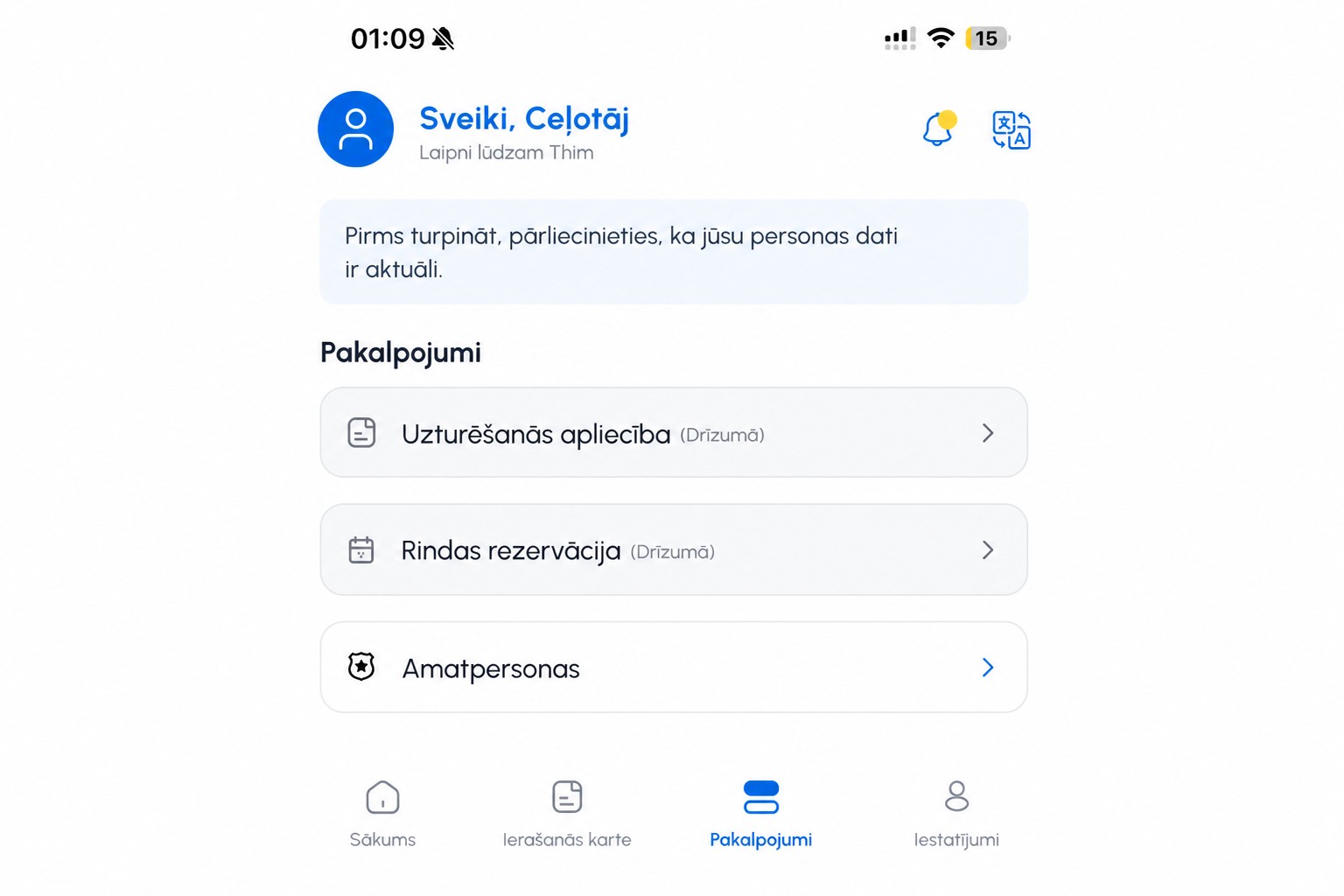 Rediģēts THIM pakalpojumu ekrāns